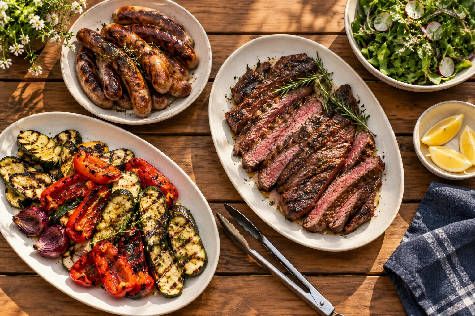 Illustrative menu idea: grilled steak, sausages, vegetables and salad